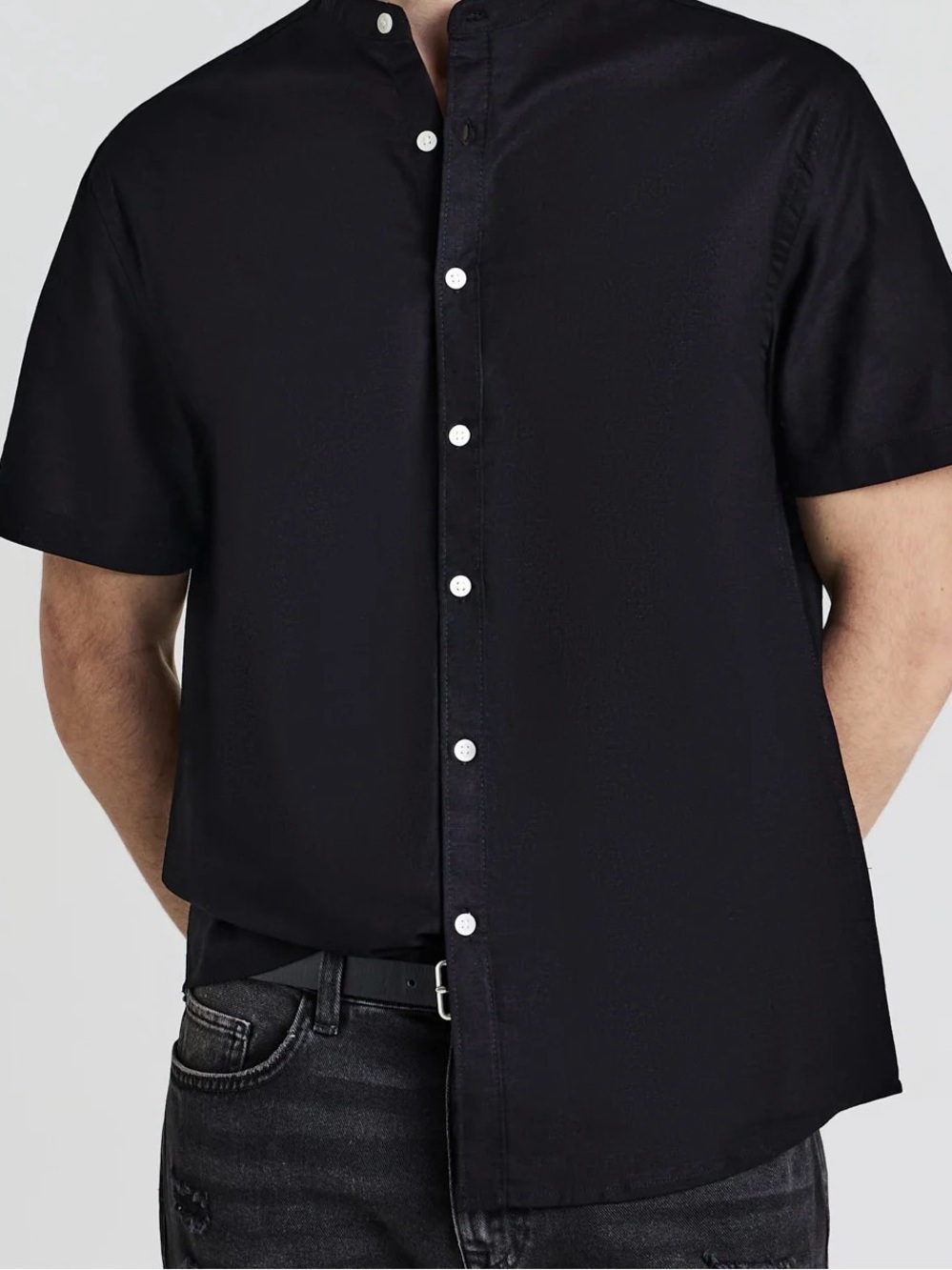 Zara Black Short-Sleeve Grandad Collar Button-Down Shirt